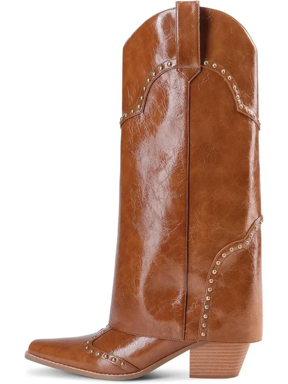 Women's Brown Patent Shark Boots Knee High Cowboy Cowgirl Fold Over Chunky Heel